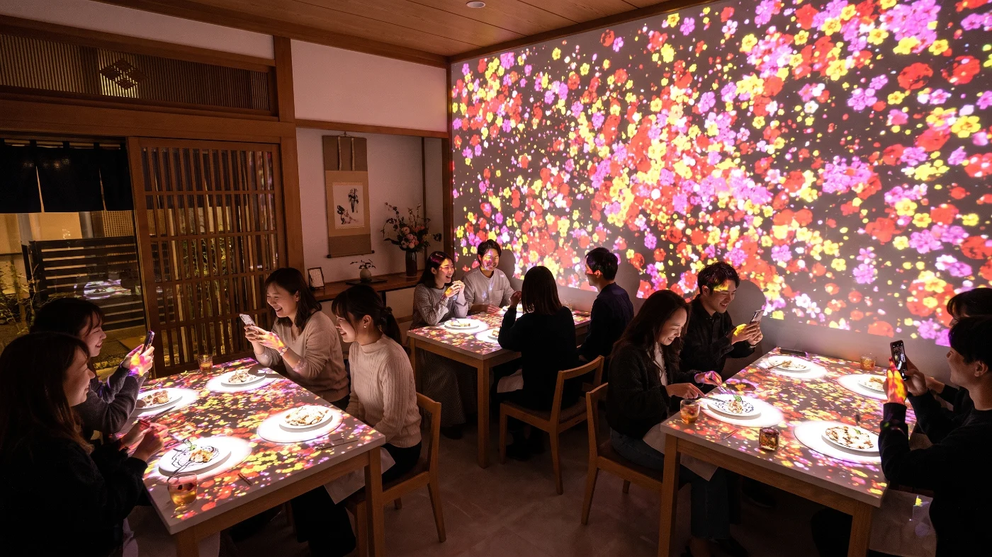 同じ店内の壁とテーブルにプロジェクションマッピングを投影した状態（イメージ）